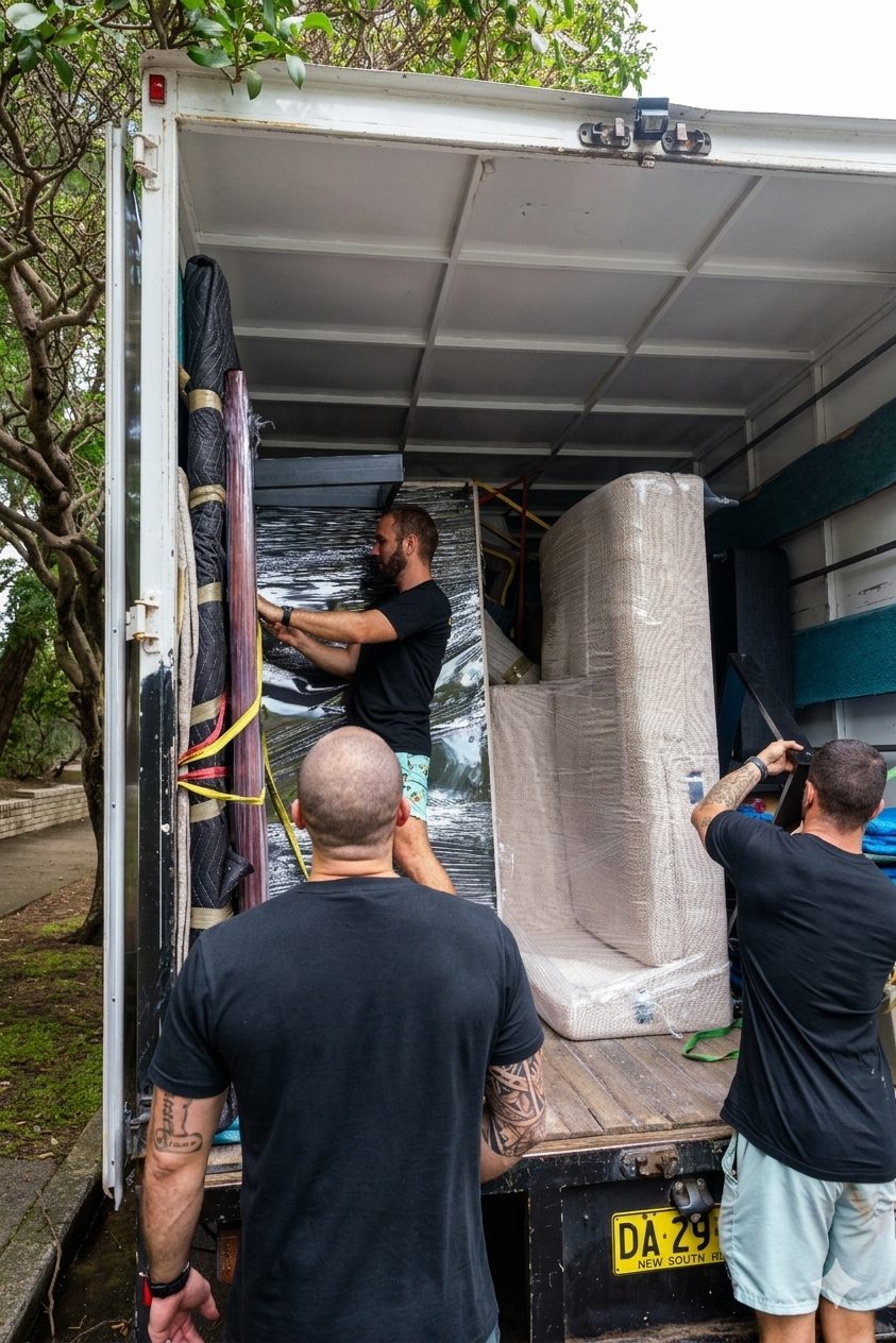 Hartmann Removals crew loading furniture into the truck on a Sydney residential street