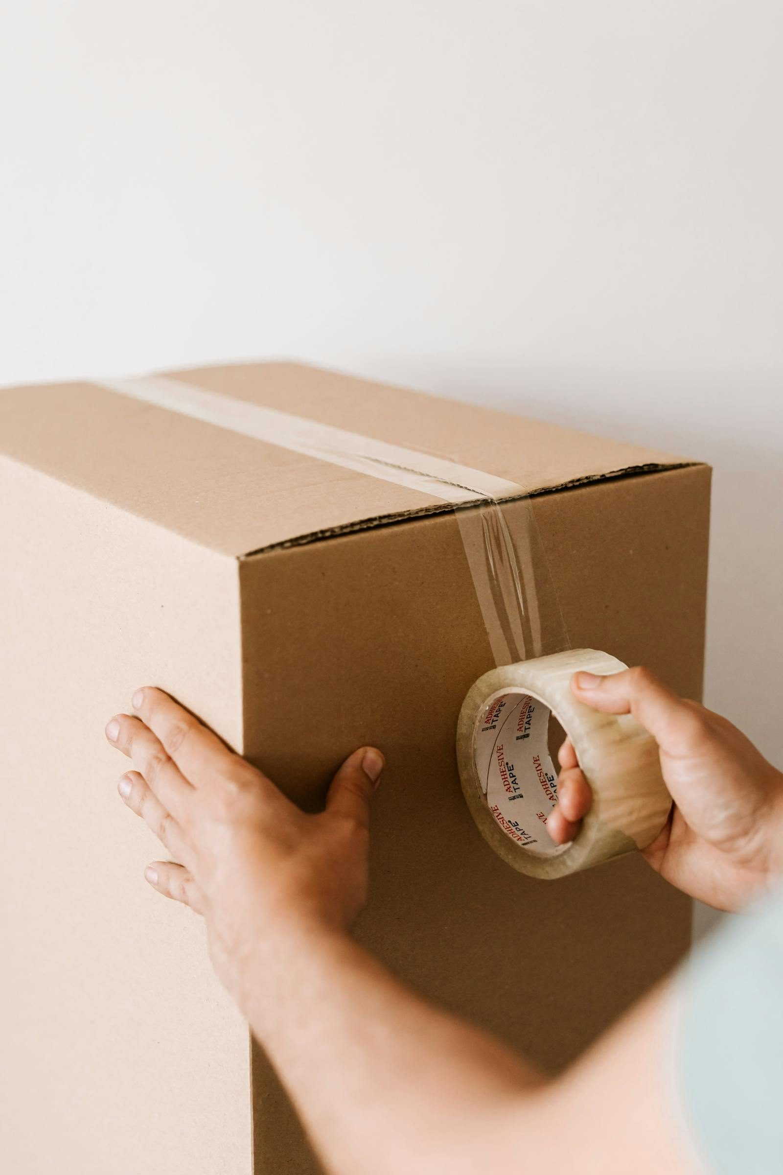 Close-up of hands sealing a brown moving box with adhesive tape