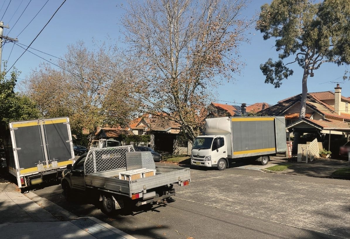 Hartmann Removals trucks parked on a leafy Sydney heritage street ahead of a residential move