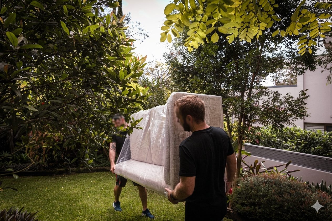 Two Hartmann movers carrying a plastic-wrapped sofa through a Sydney garden to the truck